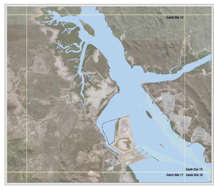 Map of Queensland Fisheries S30 Grid 12 with location for bund wall construction detailed as dotted line